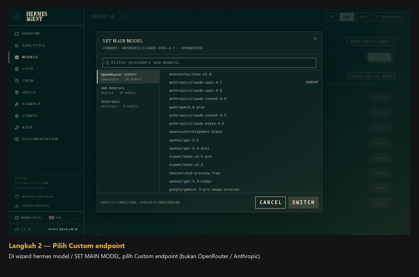 Pilih Custom endpoint di wizard Hermes