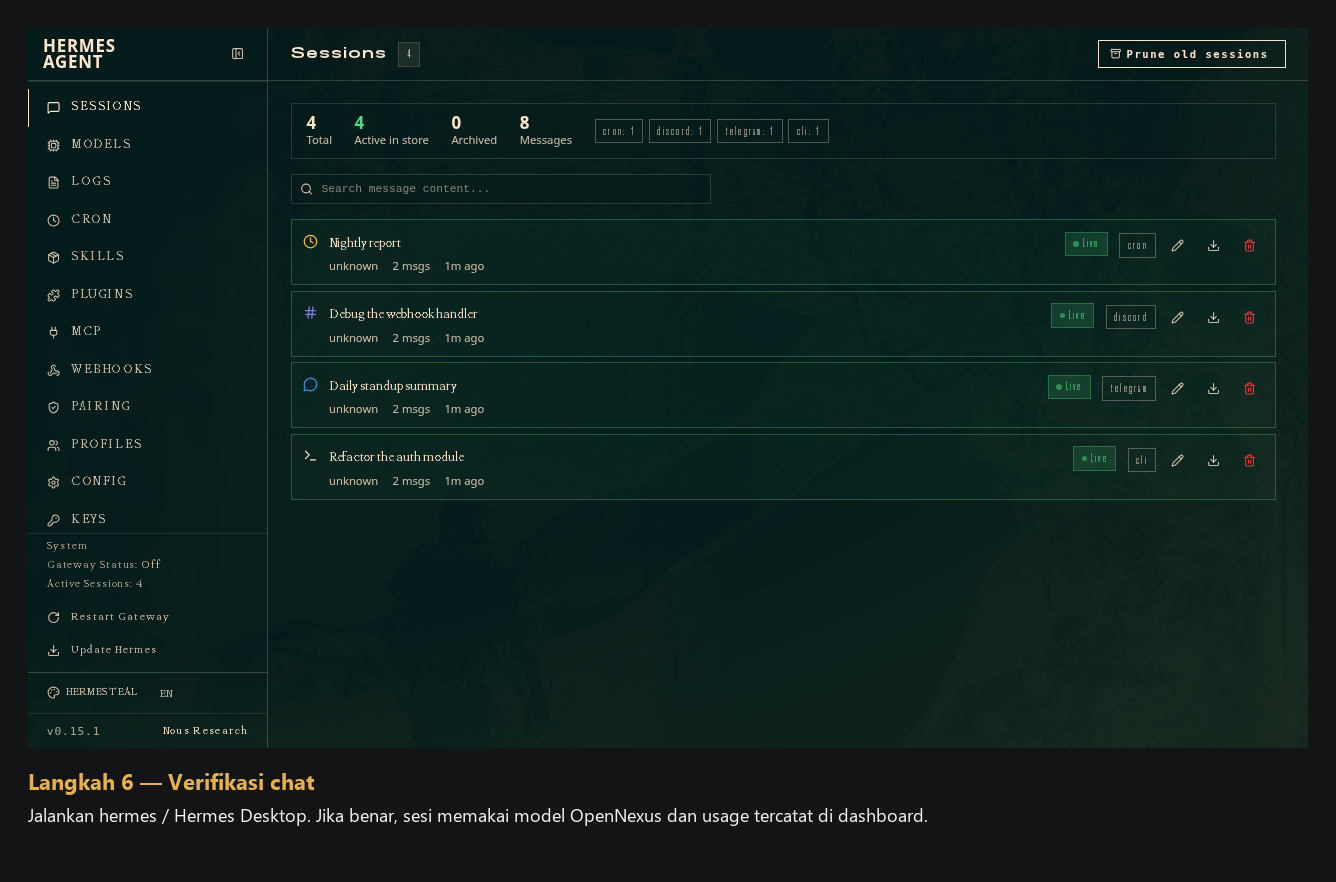 Chat Hermes berhasil lewat OpenNexus