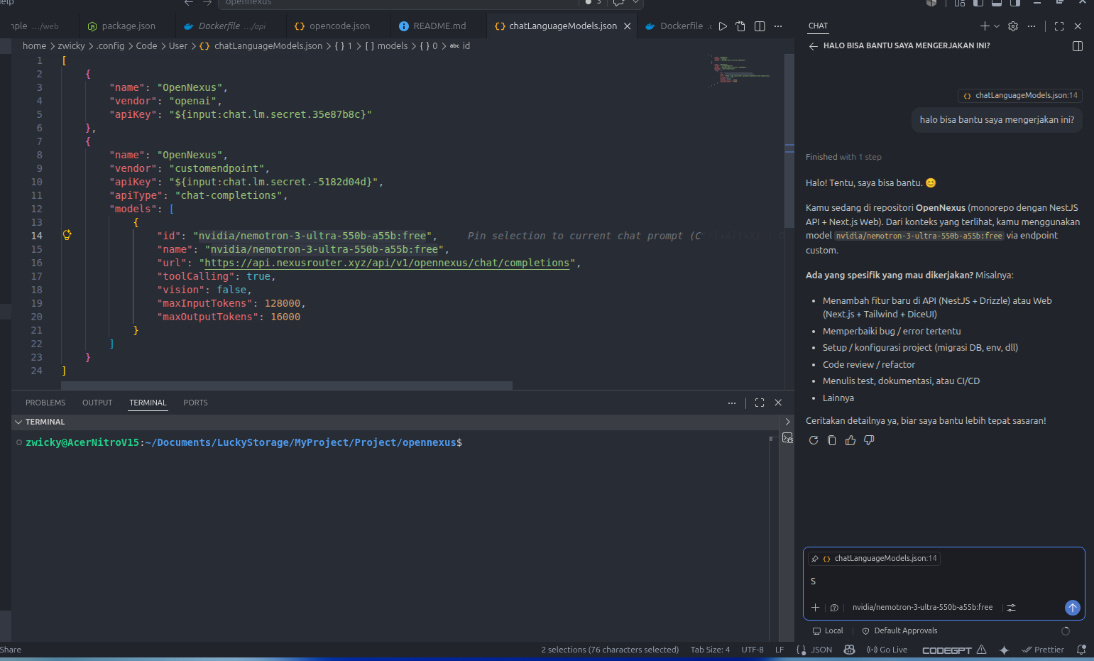 Chat berhasil dengan Custom Endpoint OpenNexus